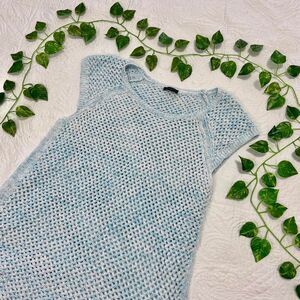 albots Light Blue Crochet Knit Short Sleeve Top | Open Weave Pullover Blouse